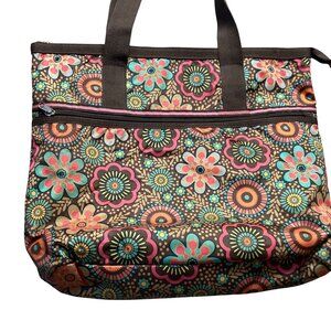 LG retro colors Floral Nylon Tote Bag With Zipper Closure zip inside and out